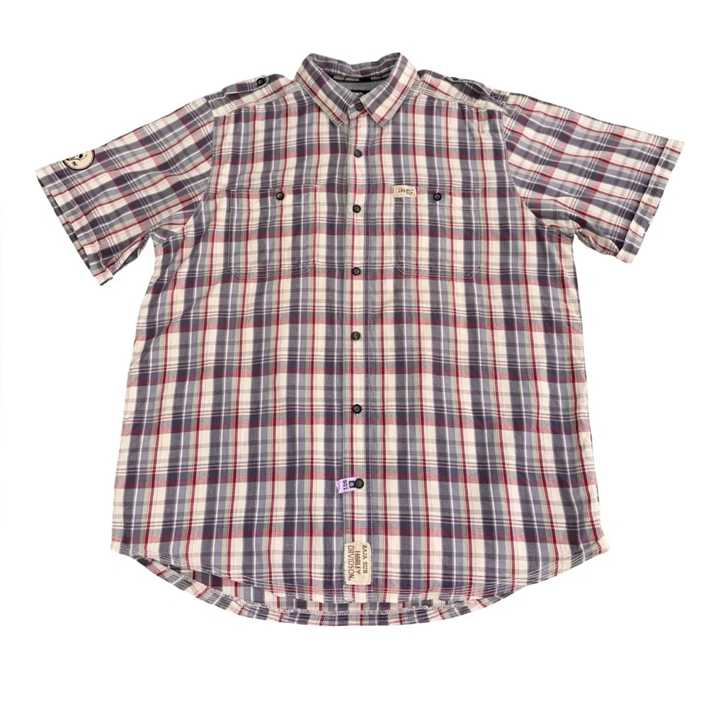 Harley-Davidson Plaid Short Sleeve Button-Up Shirt Red White Blue Men’s XL - Picture 1 of 13